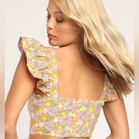 Lulu's Sweeter the Ever Yellow and Pink Flutter Sleeve Crop Top (Small) - Picture 2 of 5